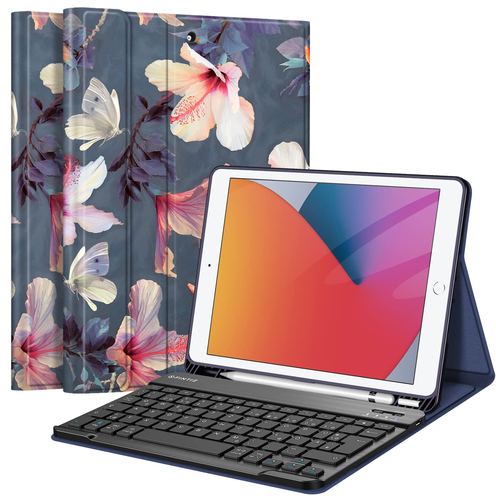 FINTIE Tastatur Hülle für iPad 10.2 Zoll (9/8/7 Generation, 2021/2020/2019) | Schutzhülle mit TPU Rückschale, Pencil Halter und magnetisch Abnehmbarer Tastatur mit QWERTZ Layout, Hibiskus