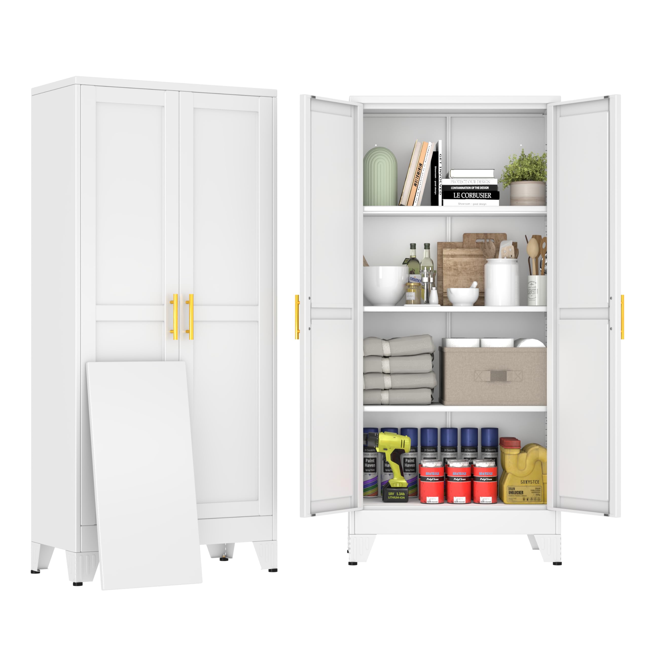 61" White Metal Storage Cabinet with 2 Doors and 3 Adjustable Shelves,Steel Garage Tool Cabinet, File Cabinet,Kitchen Pantry Cabinet for Home,Office,Garage,School,Warehouse