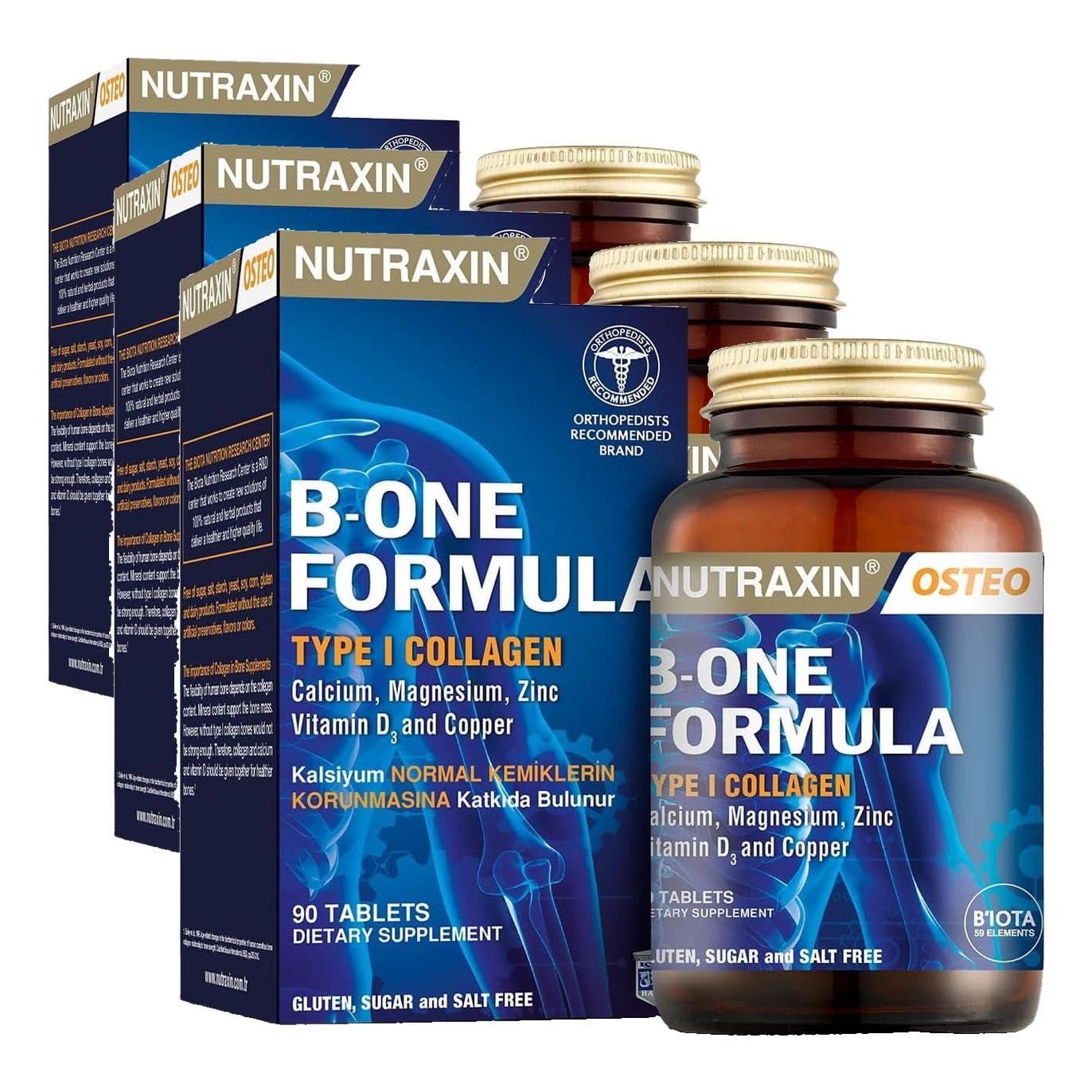 Nutraxin Bone Formula Calcium Magnesium + Collagen – 90 Tablet: Tip I Kolajen, Kalsiyum, D Vitamini, Magnezyum, Çinko & Bakır İçeren Takviye (3 paketi)