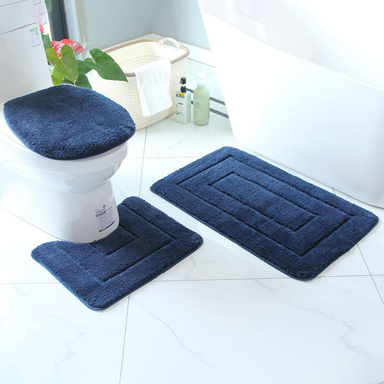 Tapis de salle de bain lot de 3 en microfibre bleu marine pour toilettes et douche
