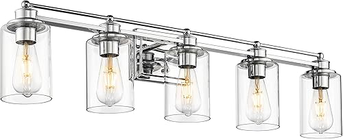 HWH - Lámpara de tocador cromada con 5 luces sobre espejo, lámpara de pared moderna para baño, 37 pulgadas, acabado cromado, 5HLT63B-5W CH