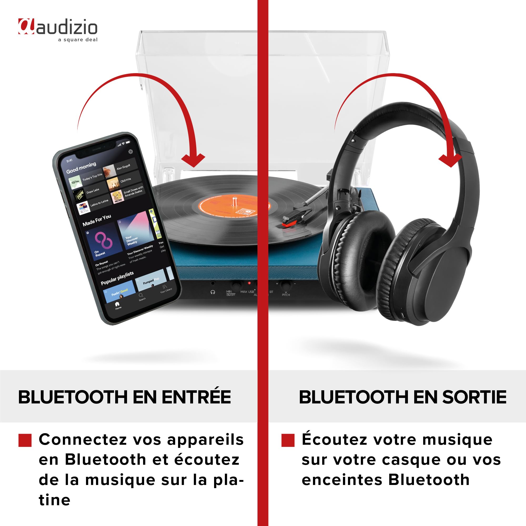 Audizio RP113D Platine Vinyle Bluetooth avec Haut-Parleurs Intégrés - Cuir Bleu Foncé, 33, 45 et 78 Tours, Émetteur Bluetooth, Une Platine Idéale pour Décorer et Écouter Vos Vinyles