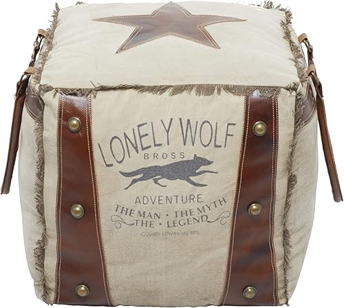 Miniatura 8 de Deco 79 Puf de lona con asas de cuero, 20 x 20 x 19 pulgadas, blanco