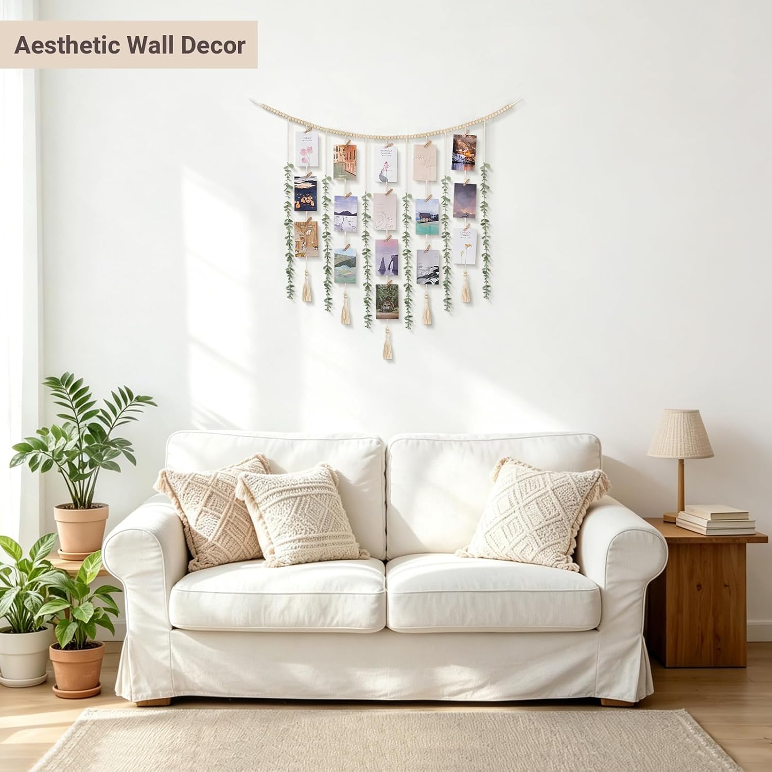 Mkono Hanging Photo Display Boho Wall Decor, Beads Garland with Greenery