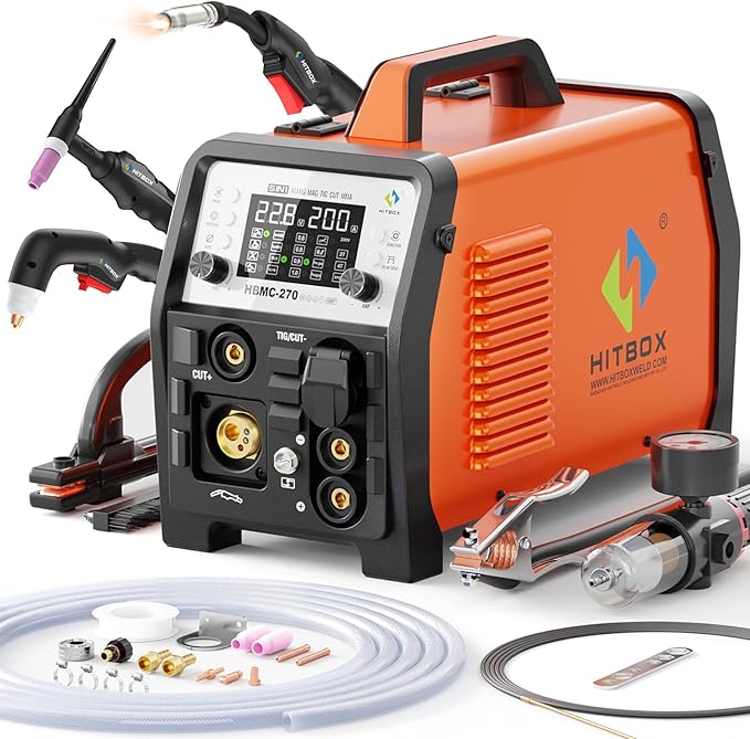 HITBOX Multifunctional Welder Plasma Cutter Combo, 200A 240V Aluminum Pulse MIG/Gas/Flux Core MIG/HF TIG/ 40A Plasma Cutter/Stick/Spot with 2T/4T, Synergy, Large Digital Display