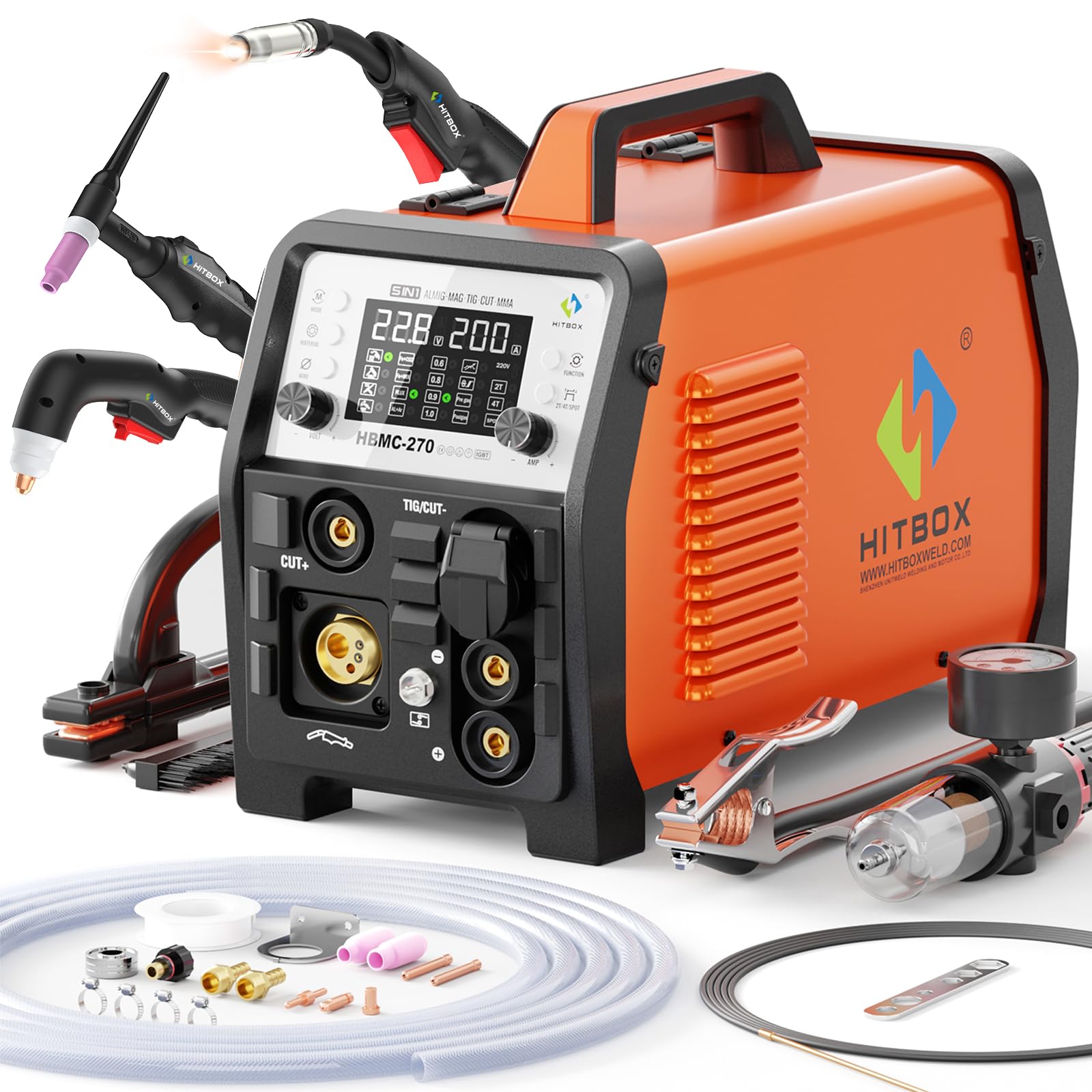 HITBOX Combo Soldadora Multifunción y Cortador Plasma 200A 230V - MIG/MAG Pulsado Aluminio, TIG HF, Plasma 40A, Electrodo, Puntos 2T/4T, Sinergia, Pantalla Digital Grande (HBMC270)