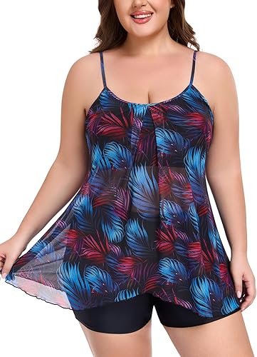 RELLECIGA Tummy Control Two Piece Tankini Swimsuits for Women Mesh Blouson Tanki