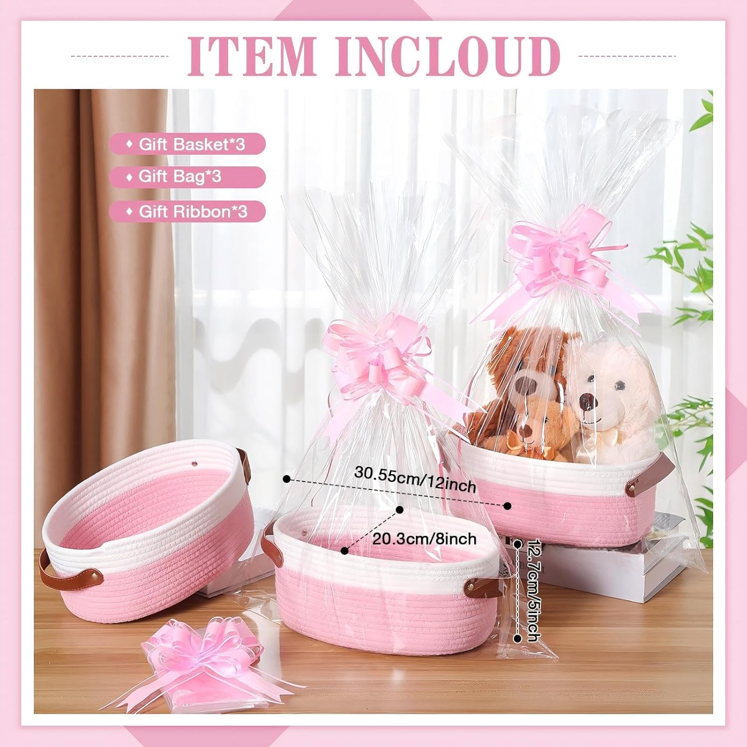 Colingmill 3 Pack Easter Small Woven Basket for Gifts with Handles Clear Bags and Ribbons Empty Storage Basket Decorative Chest Box for Easter Wedding Present(White and Pink,12"x 8"x 5")