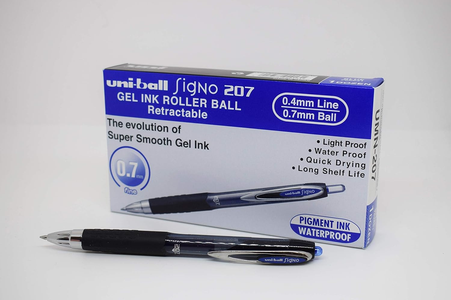 uni-ball 704519 SigNo 207 Gel Rollerball Pen Retractable Fine 0.7mm Tip 0.4mm Line Blue Ref 9004601 [Pack of 12]