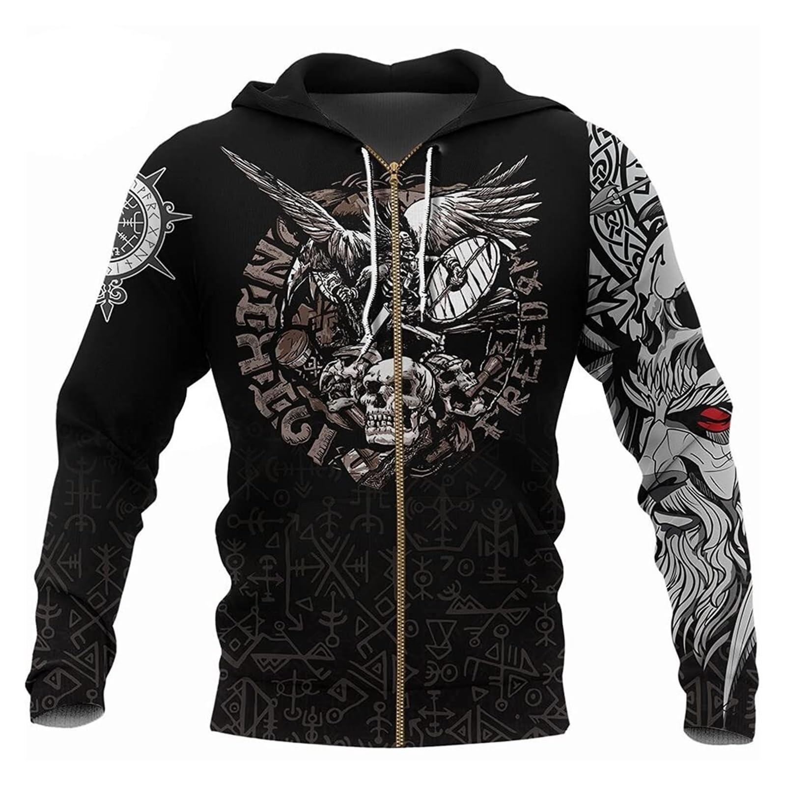 Sudadera con Capucha De Manga Larga con Tatuaje Vikingo Impresión 3D Sudadera De Manga Larga con Cremallera Chaqueta Casual Harajuku De Moda Ropa de Cosplay escandinava
