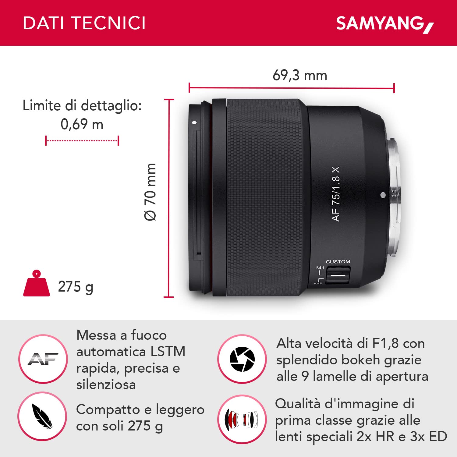 Samyang AF 75mm F1.8 per Fuji X - obiettivo da ritratto leggero e compatto con LSTM-AF, protezione dagli agenti atmosferici e interruttore personalizzato per viaggi e scatti notturni di alta qualità