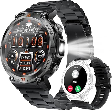 Military Smart Watch for Men 3ATM Waterproof Tactical Rugged Smart Watch with Bluetooth Call Flashlight 1.45" Big Screen Fitness Tracker Heart Rate Sleep Monitor Sports Smartwatch for iPhone Android