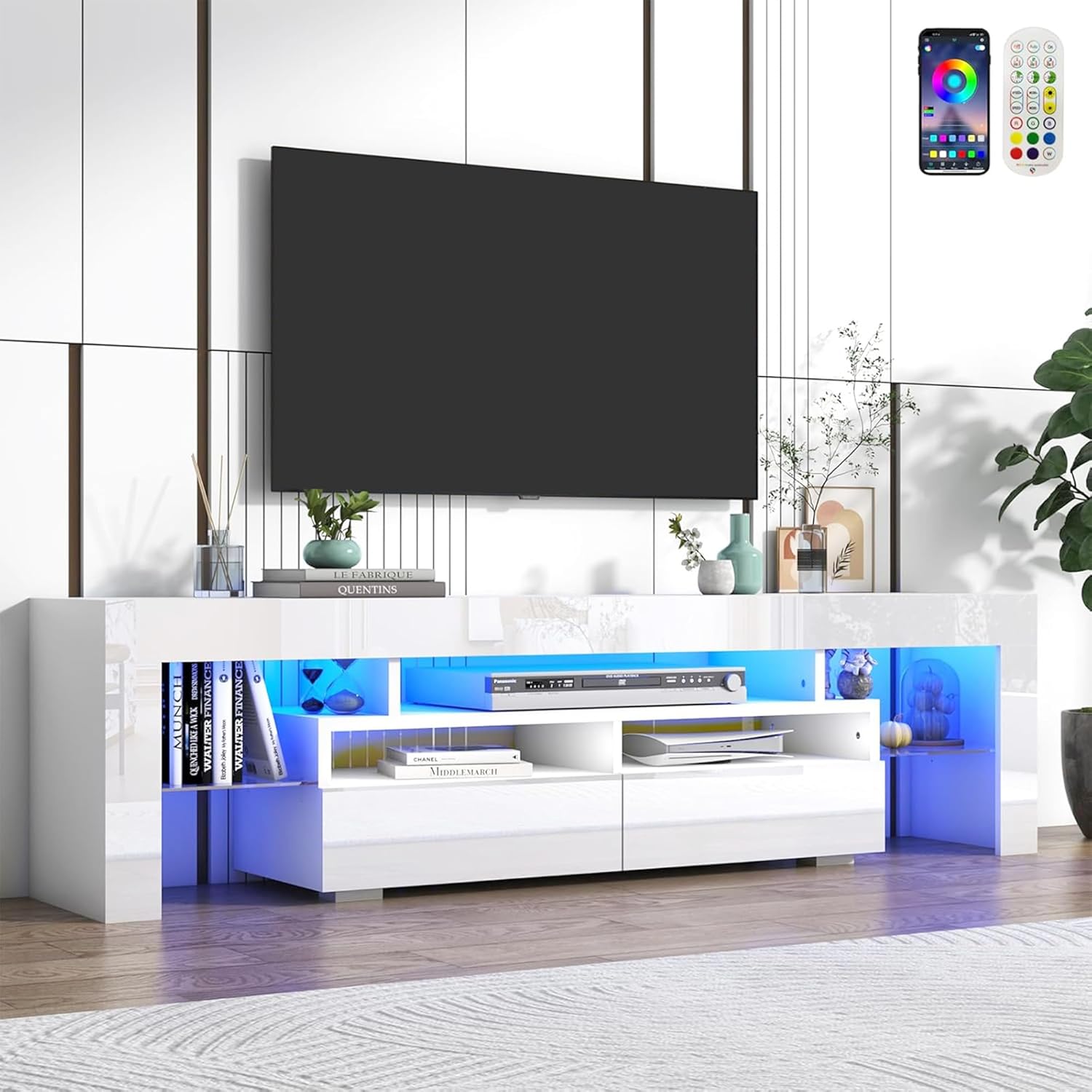 Vinctik 6&Fox 70in LED TV Stand for 75/80/85 inch TV,Modern White TV Stands for Living Room,High Gloss TV Entertainment Center with 2 Large Storage Drawer,APP RGB Light,TV Console(71in White)