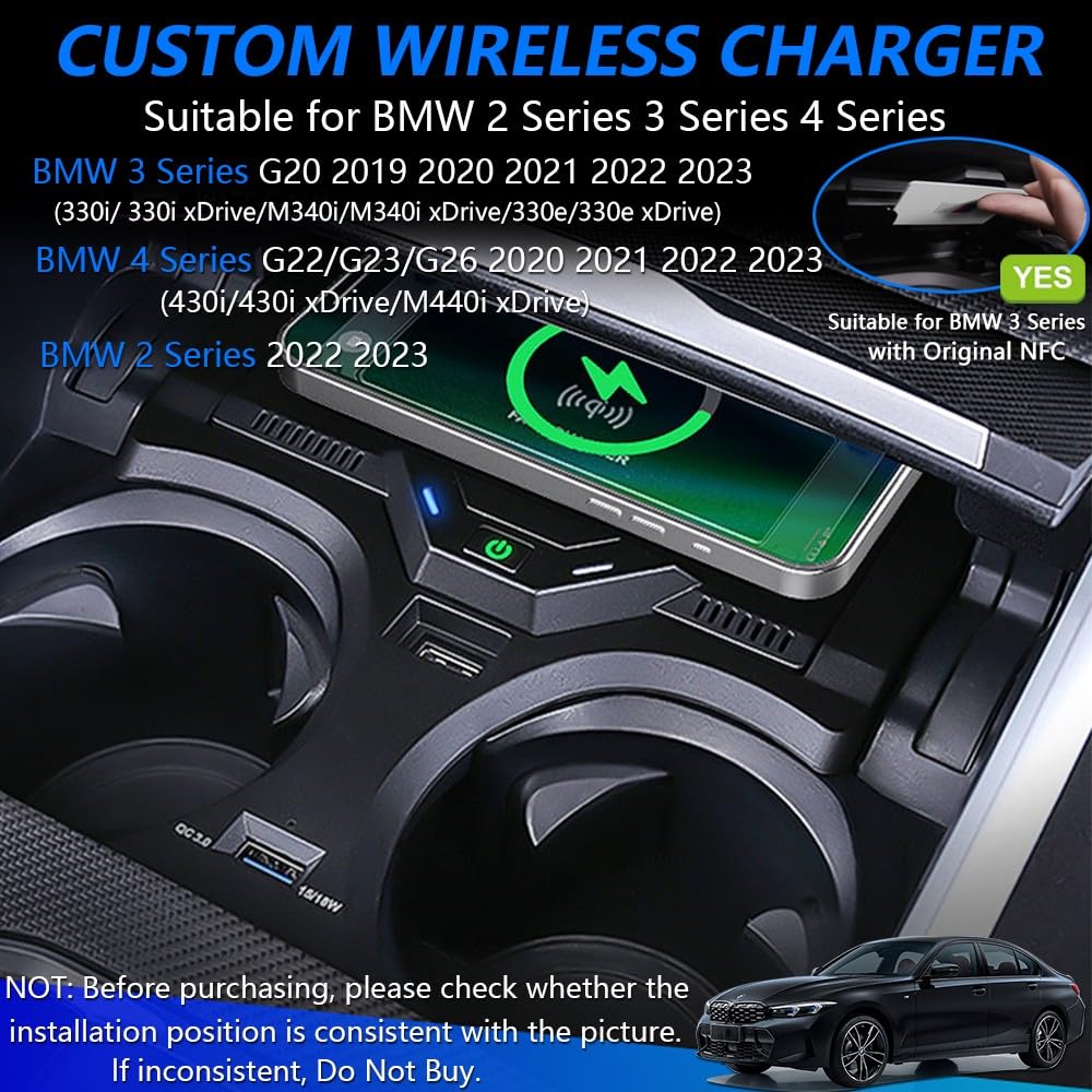 Cargador Inalámbrico para BMW Serie 3 G20 2019-2023 Serie 4 G22 2020-2023, Carga Rápida Coche Teléfono Cargador para BMW 330i/330i xDrive/M340i/330e/430i/430i xDrive/M440i xDrive Accesorios