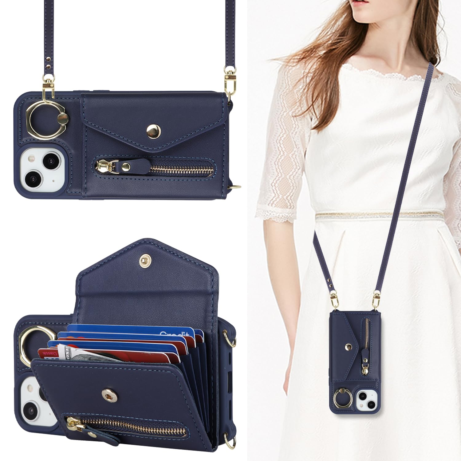 iPhone 14 Plus Case with Zipper Card Holders and Strap for Women, iPhone 14 Plus Phone Case Wallet Compatible PU Leather Button Flip Shockproof Wallet Case for iPhone 14 Plus-Blue