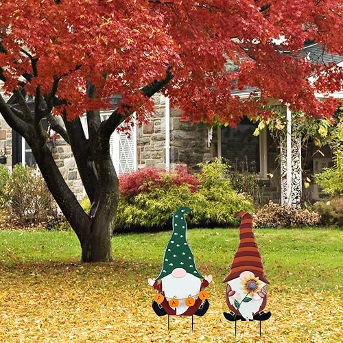 Miniatura 3 de YEAHOME Decoraciones de otoño para el hogar al aire libre, paquete de 2 gnomos decorativos con calabaza y girasol para decoración de otoño, letreros