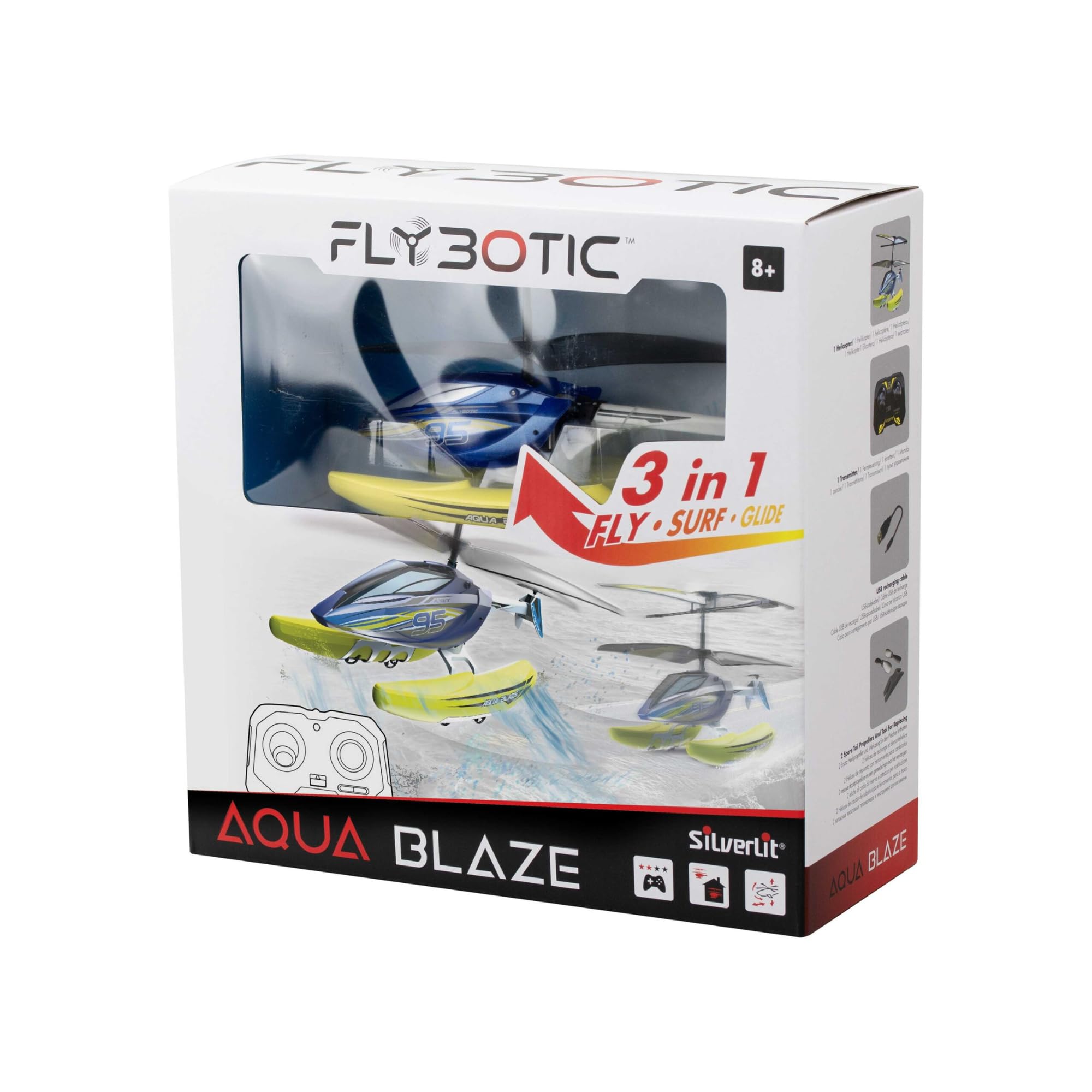 FLYBOTIC - Hélicoptère télécommandée Amphibie 3 en 1 Aqua Blaze - Pilotage Facile - Vole et Glisse sur l'Eau - Batterie Recharge Usb - Piles Télécommandes Non Inclues - Idée Cadeau Enfant Dès 8 Ans