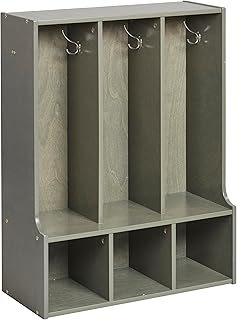 ECR4Kids Streamline 3-Section Toddler Coat Locker with Bench, Kids Furniture, Grey Wash