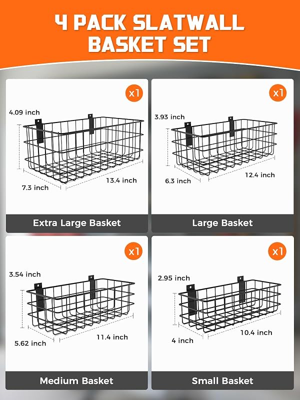 AZUNO 4 Pack Slatwall Baskets Set, Heavy Duty Metal Slat Wall Accessories Wire Baskets, Hanging Storage Organizer for Garage, Shop, Retail Display, Fits Standard Slatwall Panels by AZUNO - Image 2