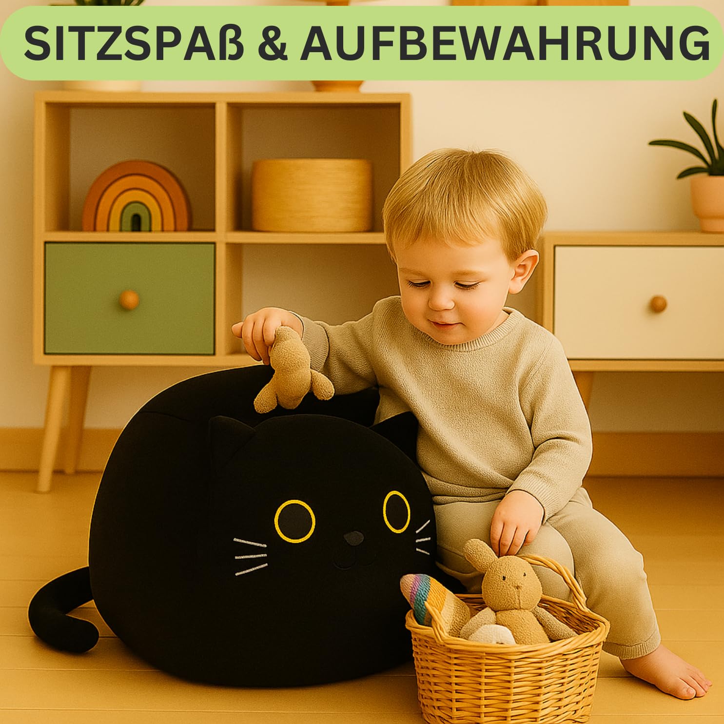 Puf de peluche para almacenamiento de gatos, sin relleno, bolsa grande con cremallera, asiento y diversión para la habitación de los niños