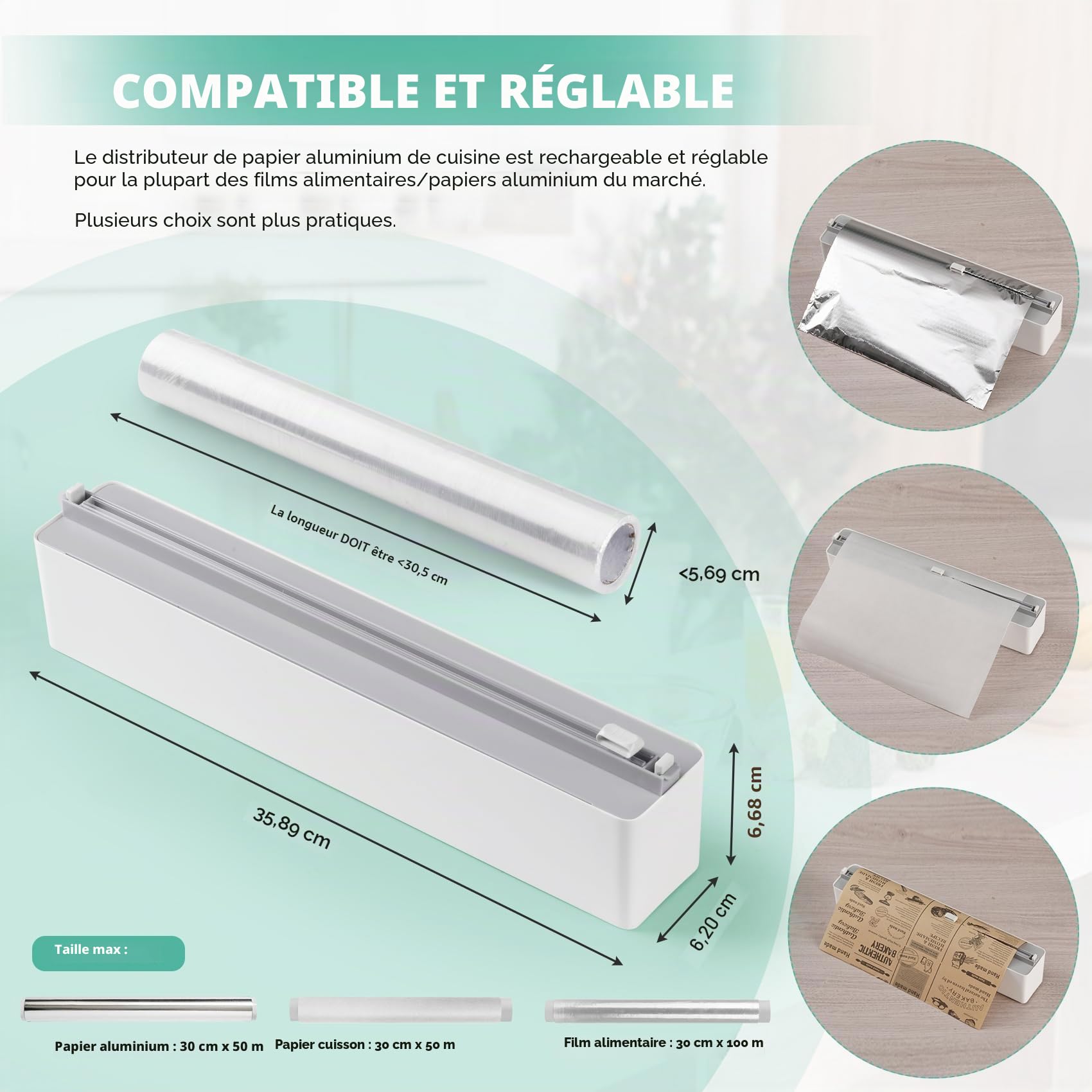 Derouleur Film Alimentaire avec Coupeur - Magnétique et Murale sans Percer, Distributeur Papier Aluminium et Film - Organisateur de Cuisine Gain de Place - Rouleaux Jusqu'à 31cm, Blanc