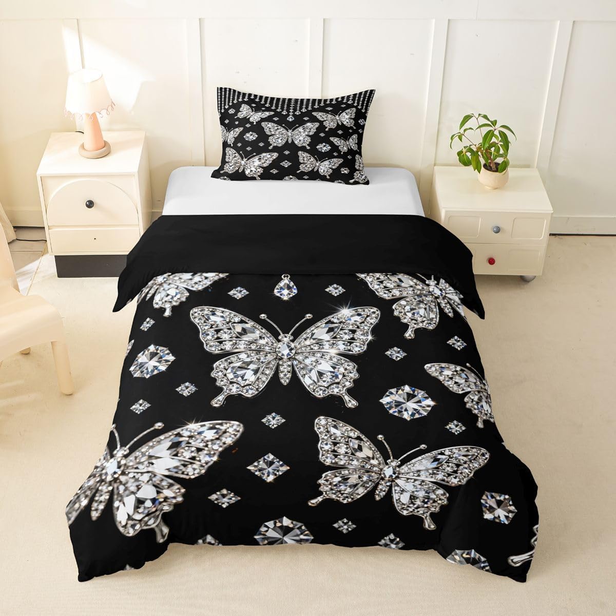 Feelyou Butterfly Duvet Cover Toddler Size Glitter Print Butterflies Bedding Set for Boys Girls Glitter Diamonds Comforter Cover Bedroom Decor 2Pcs