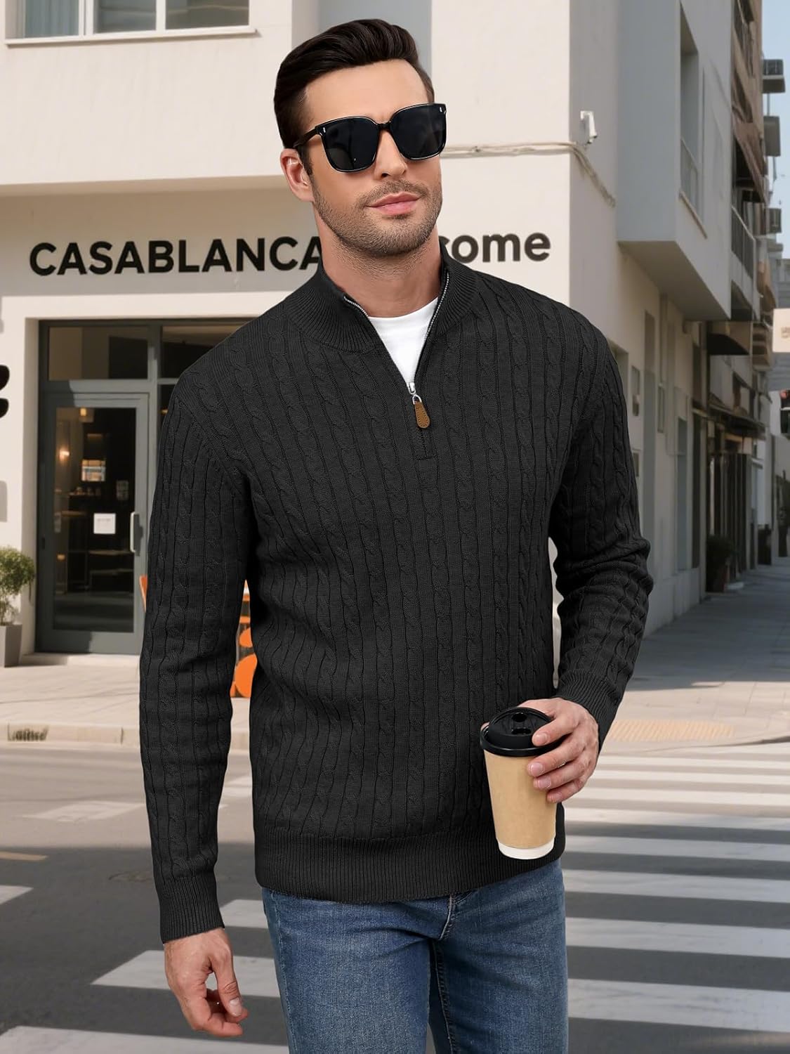 Auxo Men's Quarter Zip Pullover Sweater Cable Knit Casual Stand Collar Texture Knitted Sweaters - Image 3