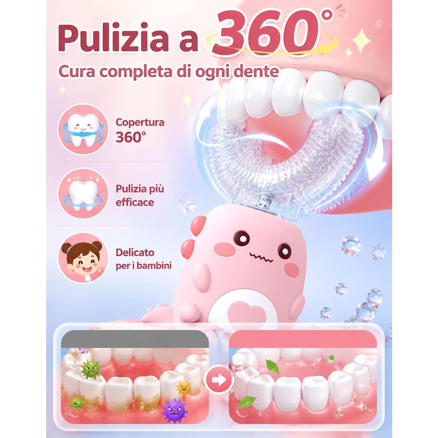 DinoBrush Spazzolino Elettrico Per Bambini, Dinobrush Piccolo&Co (6-12 Anni,Rosa)