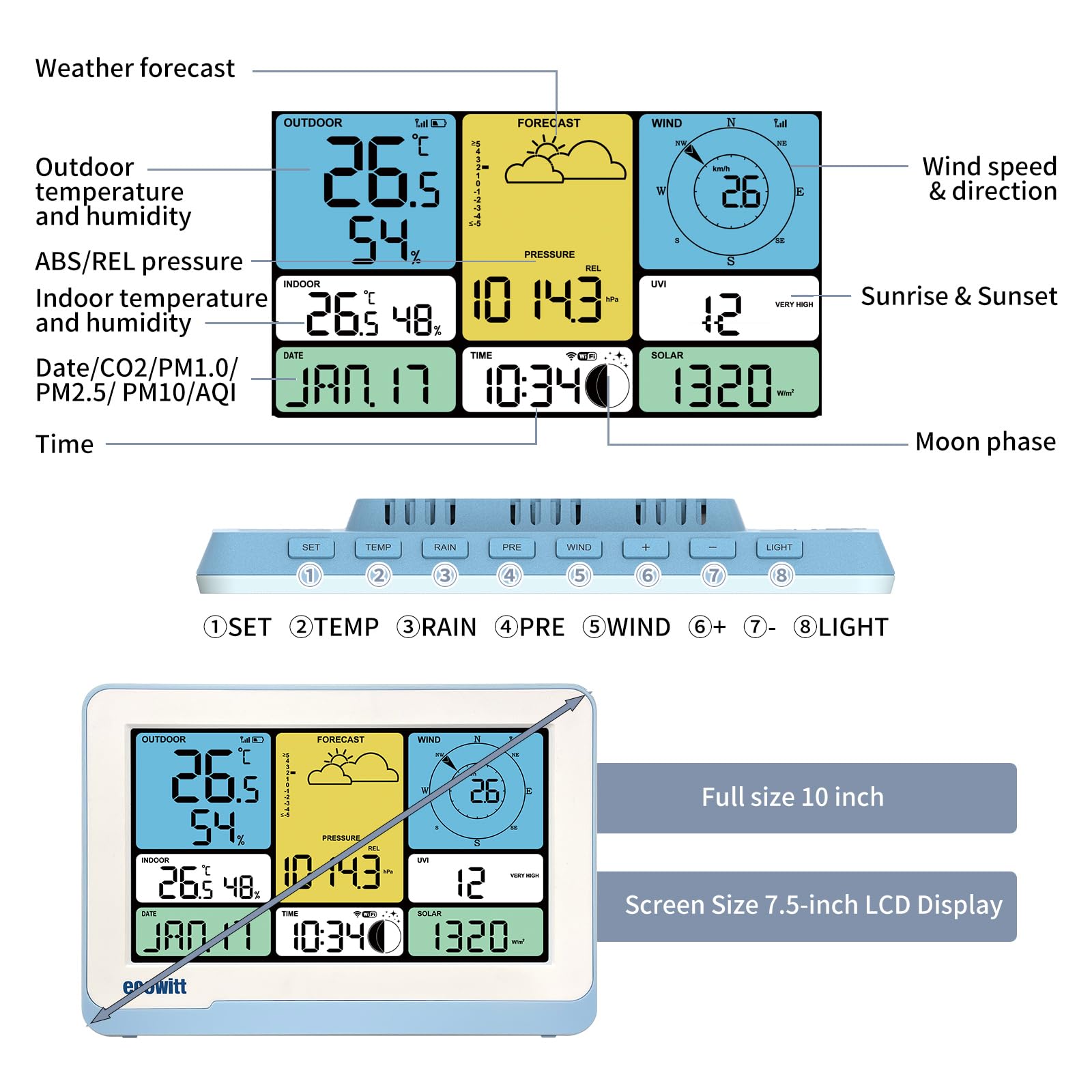 ECOWITT Console WS3820_C per stazione meteo, display LCD a colori domestico da 7,5 pollici, sensori interni 3 in 1 integrati, coppia con WS69/WS90/WS85, controllo intelligente del collegamento IoT