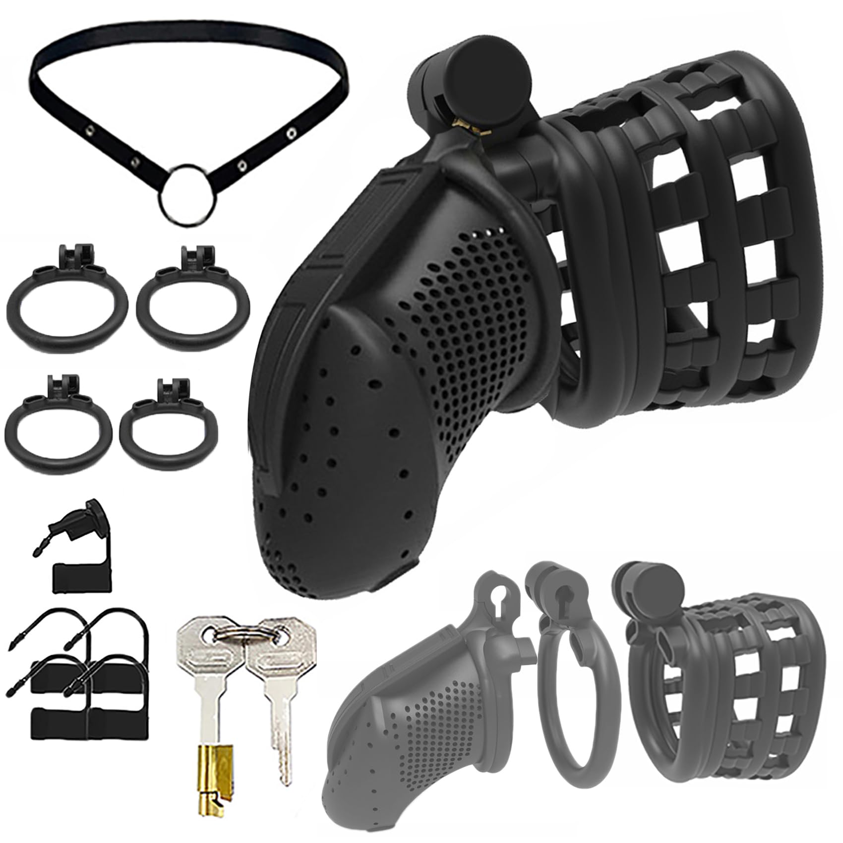 3D Nylon Harz Peniskäfig Set Großer Keuschheitsgürtel Herren Mit Hodensack Bondage Hodenkäfig Und 4 Cockringe Und Gürtel Belüfteter Keuschheitskäfig Sexspielzeug Für Männer,Weiß l/set