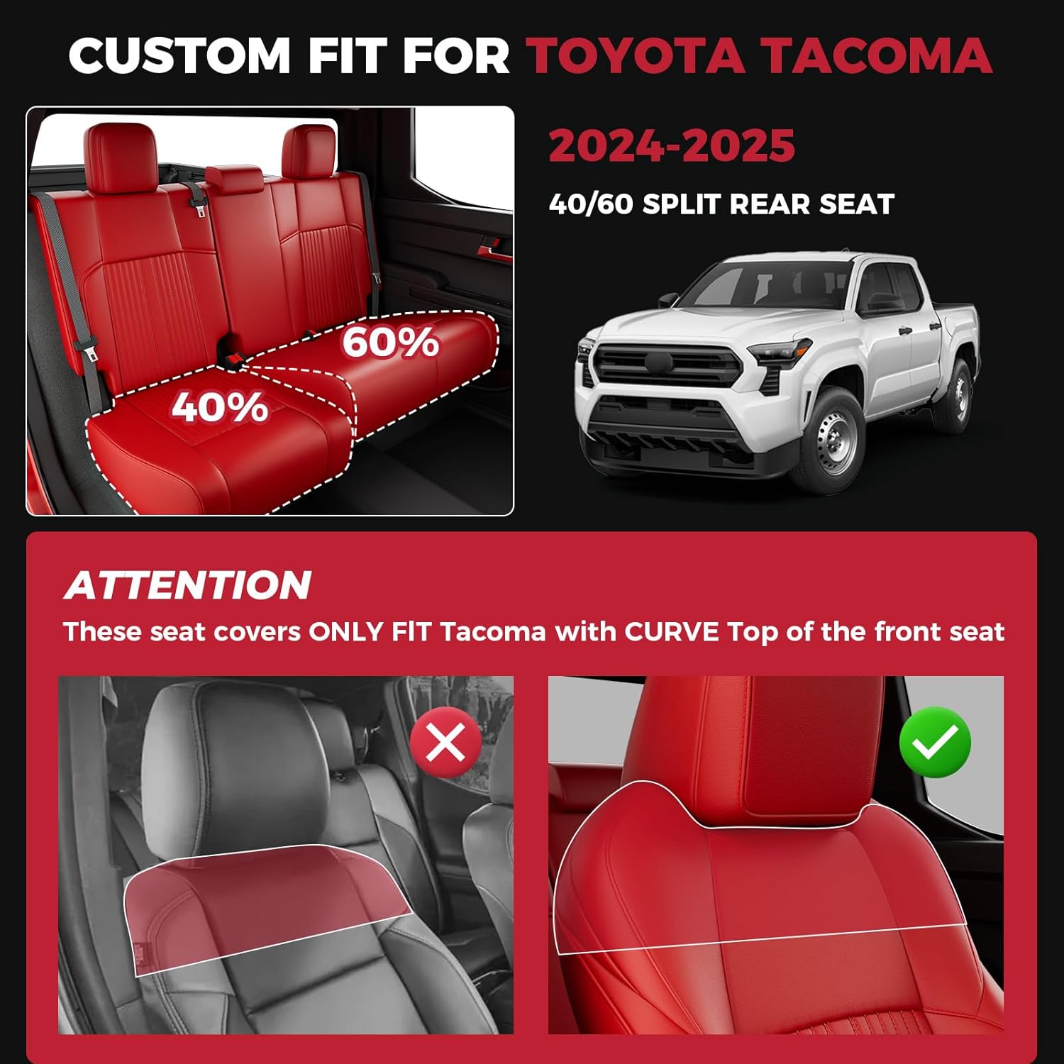 FREESOO Custom Fit Leather Tacoma Seat Covers Full Set Gen 4Th 2024-2026 Double Cab, for Sr/Sr5/Trd Prerunner/TRD Sport/TRD Off-Road/Limited, Seat Covers for Tacoma (5 Seats, Red)