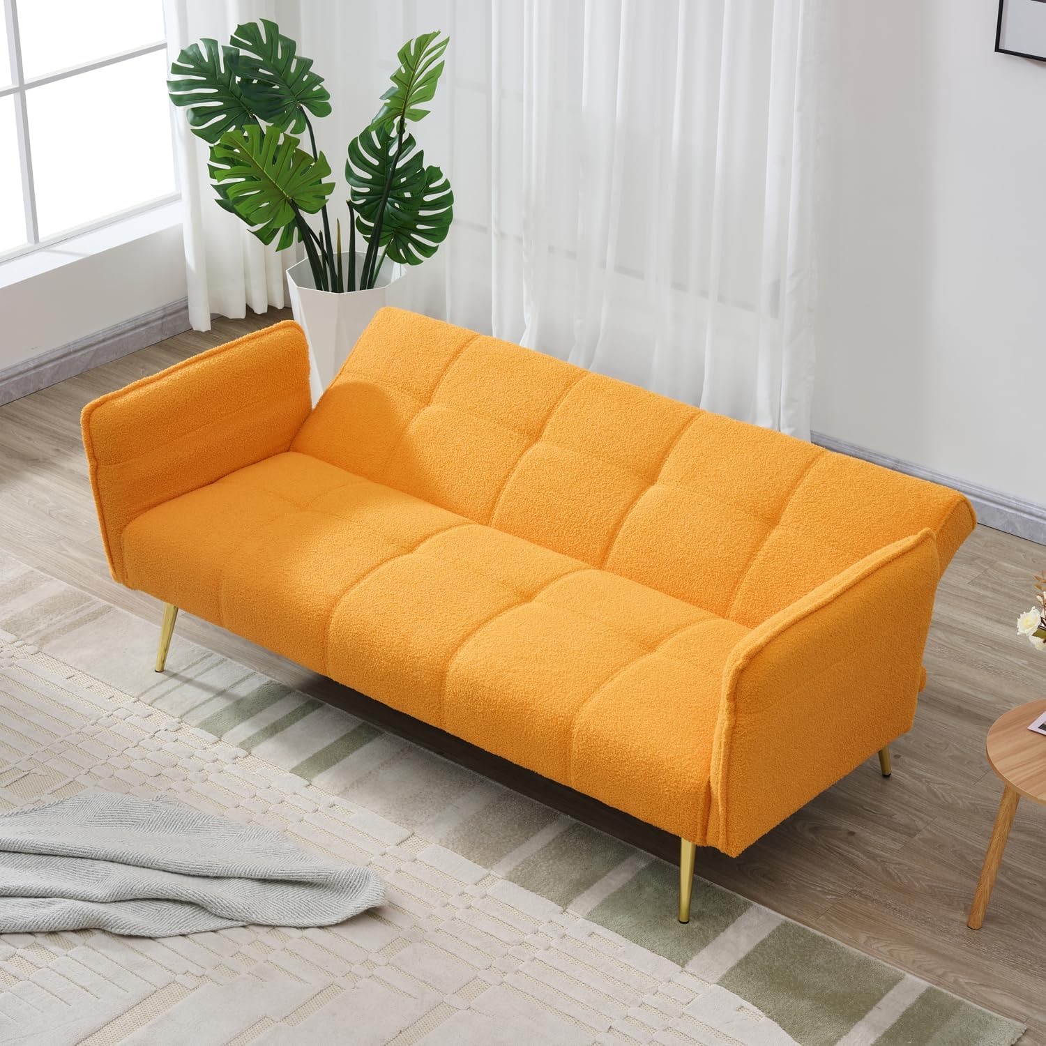70.1 "Futon Couch Sofa Bed, Yellow Teddy Convertible Loveset Sofa Bed with Folding Armrests for Living Rooms, Small Spaces and Office (Yellow)