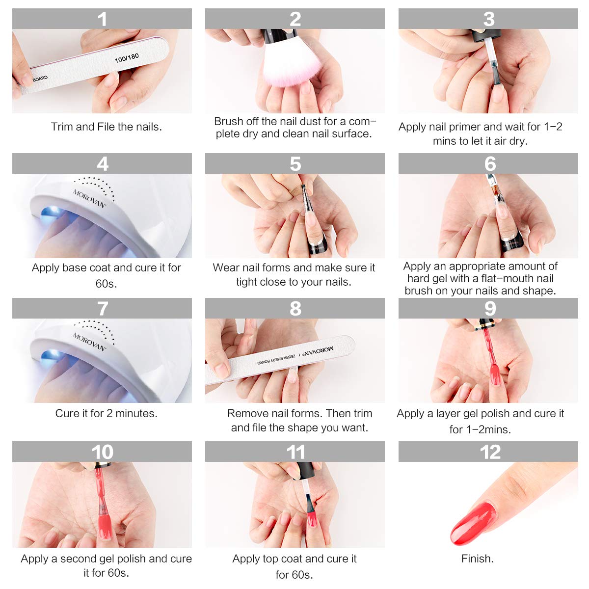 Morovan UV LED Builder Gel Set - 3 Colors Hard Builder Gel for Nail Extension Strengthen Soak Off UV Gel Top Base Coat Gel Nail Art Manicure Set with Nail Forms Gel Brush