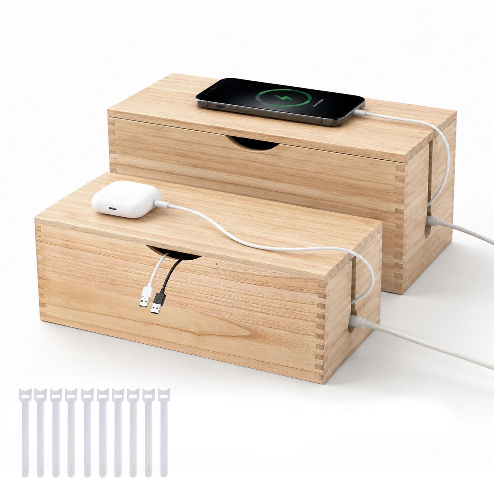 2 PCS Caja Organizadora Cables Madera con Velcro, Esconder Cables y Regletas, Caja Recoge Cable Escritorio, Grande et Pequefia, Cable Management Box, Ocultar, Natural