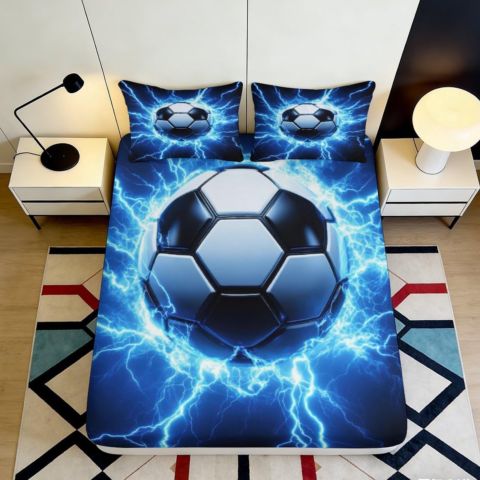 3D Printed Electric Soccer Ball Fitted Sheet Microfiber Soft Blue Lightning Bed Sheet for Bedroom Dorm Mattress Decor 90x200x25cm