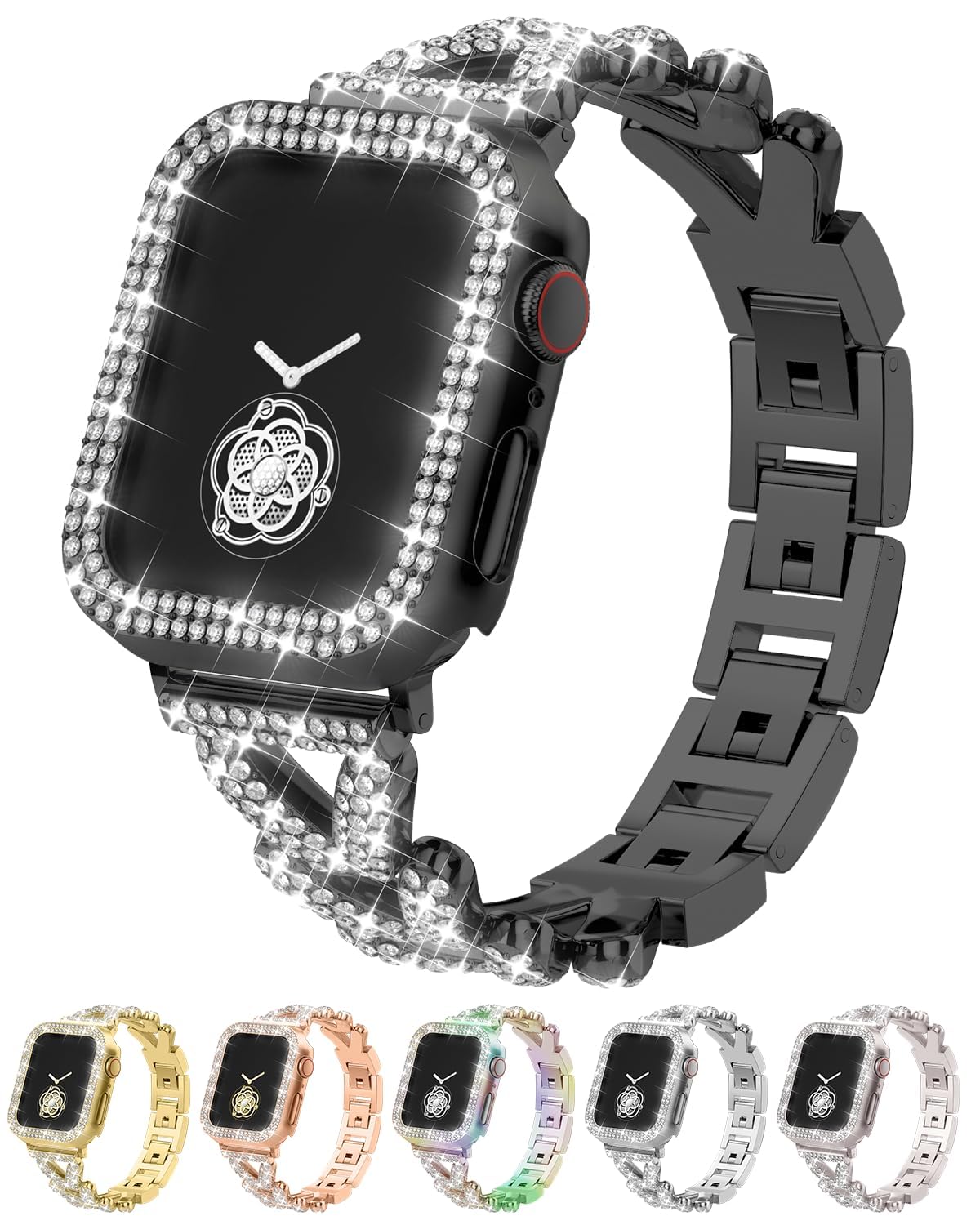 Rhinestones Encrusted Metal Bracelet and Case, Compatible with Apple Watch Bands 38mm-49mm (Series 11/10/1/SE/Ultra 2)- Bling Gold Women's Jewelry Strap, Luxury iWatch Bracelet