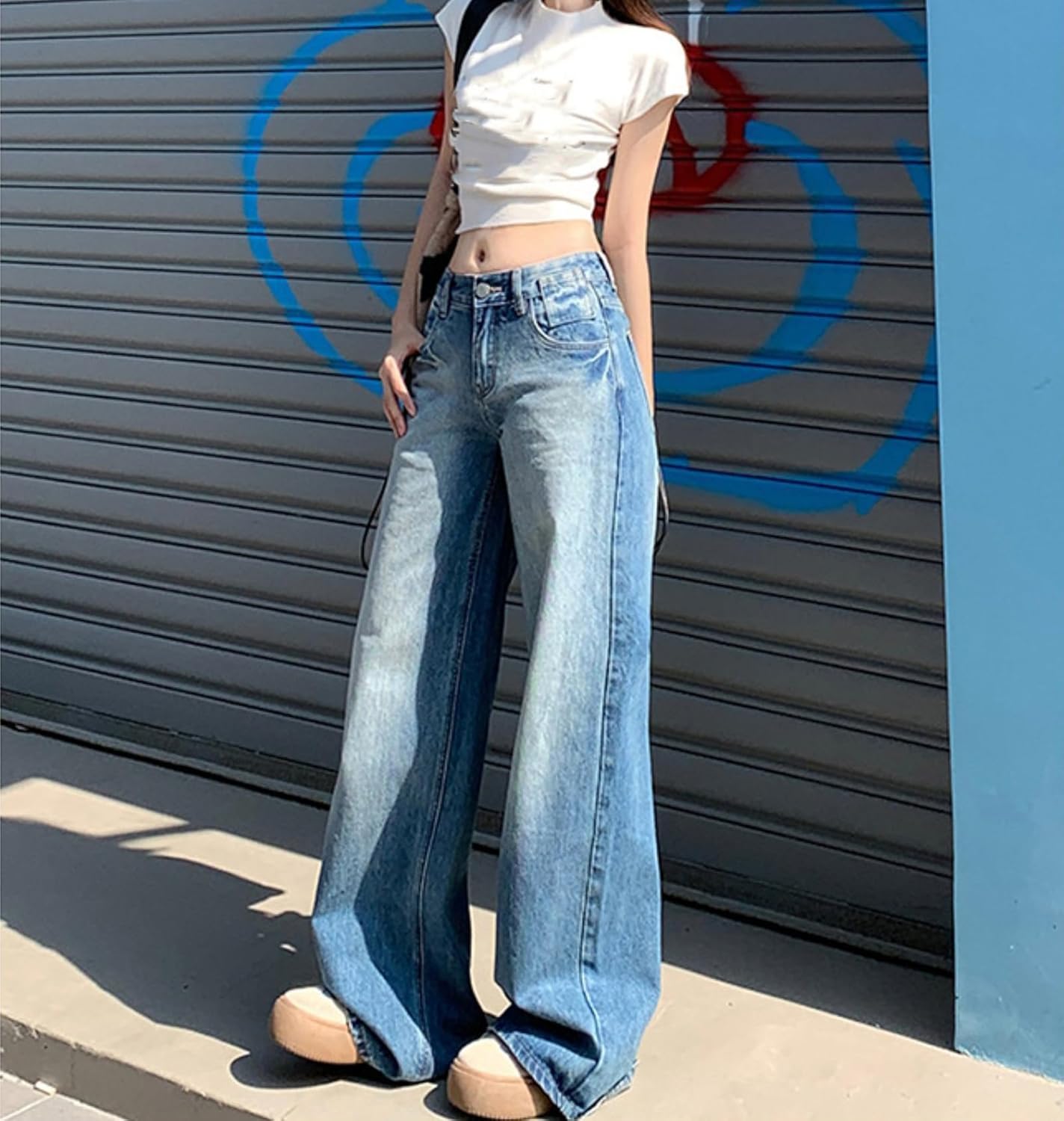 [WYSORUSGK] ウィメンズストレートバギージーンズ 低ウエスト ワイドレッグ トレンディルーズカジュアル Y2Kデニムパンツ