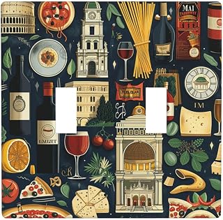 Decorative Light Switch Cover Plate -Italian Symbols Iconic Items Travel Vintage Double Toggle 2-Gang, Standard Size 4.5" X 4.5", For Living Room, Bedroom, Kitchen