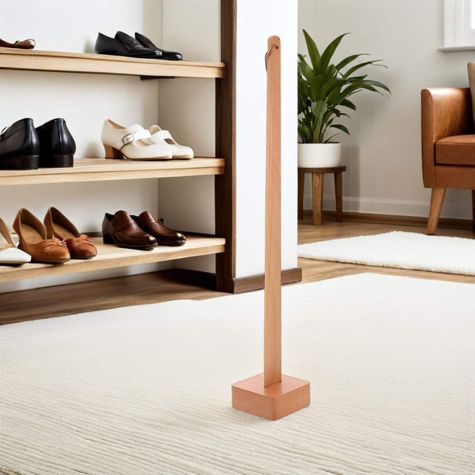 TEHAUX Calzascarpe e Base Stabile con Manico 55 Cm in Legno Strumento per Indossare Scarpe Facile da Usare Accessorio per Anziani, Donne Incinte