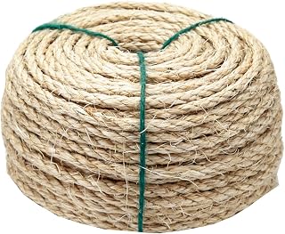 Natural Sisal Rope 1/4 Inch by 49-Feet for Cat Scratching Post Tree Tower Replacement Repair and Replace, DIY Hemp Twine Rope for Kittens Shelves Furniture Window Bed Perch Climbing, 6mm by 15m