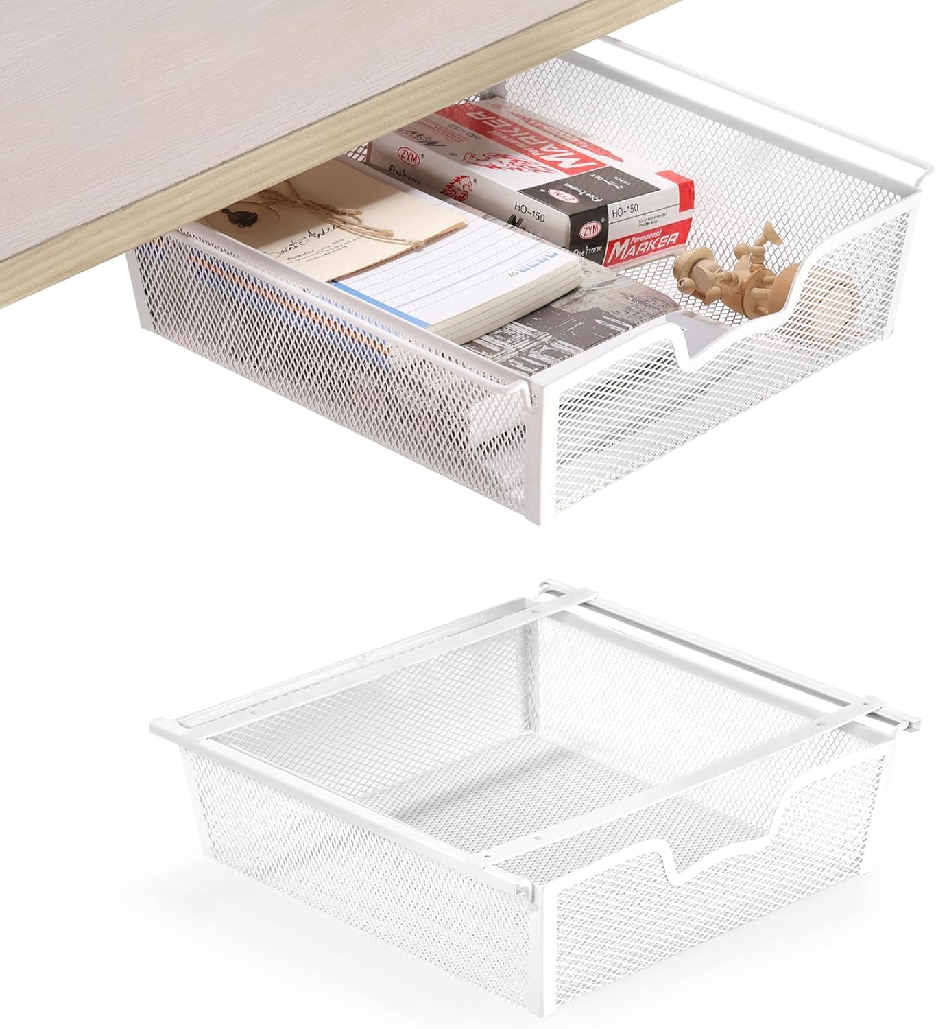 Lot de 2 organiseurs de bureau, tiroir sous table, grande capacité, tiroir en métal, boîte de rangement cachée pour bureau, maison, école, blanc
