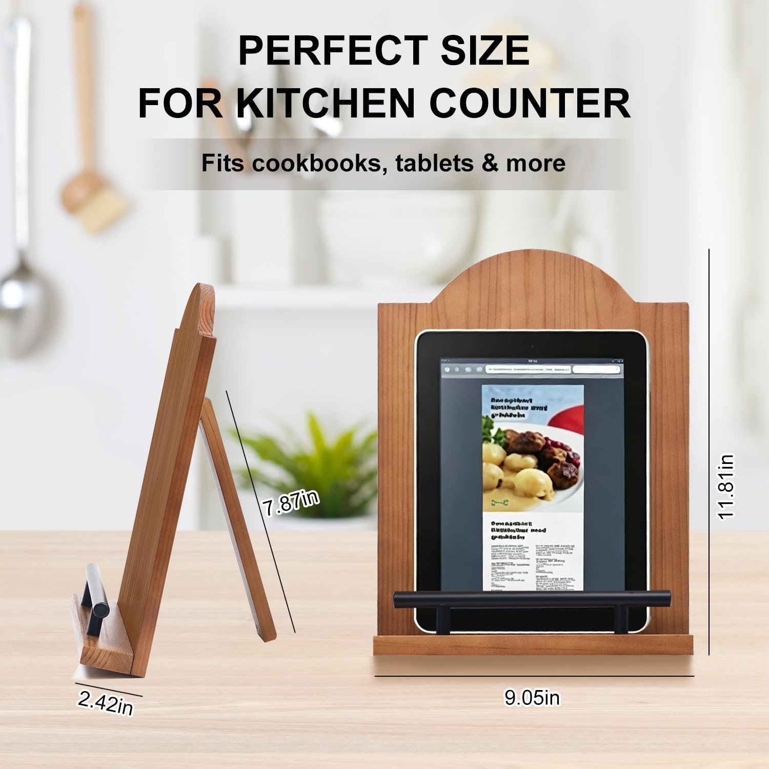 Cookbook Stand for Kitchen Counter, Adjustable Wooden Cookbook Holder & Recipe Book Stand, Foldable Pine Wood Book Holder for Cookbooks, Tablets & iPad