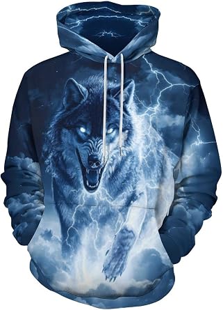 Men 3D Wolf Print Pullover Hoodies Teen Cool Animal Graphic Pullover Hooded Sweatshirt