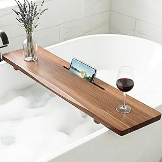 Acacia 1.2" T Wood Bathtub Tray Caddy for Freestanding Tub, 35" L Adjustable Bath Tray for Tub, Luxury Spa Bathroom Tray Organizer Table, Bath Tub Accessories for Women, Housewarming, Birthday Gifts