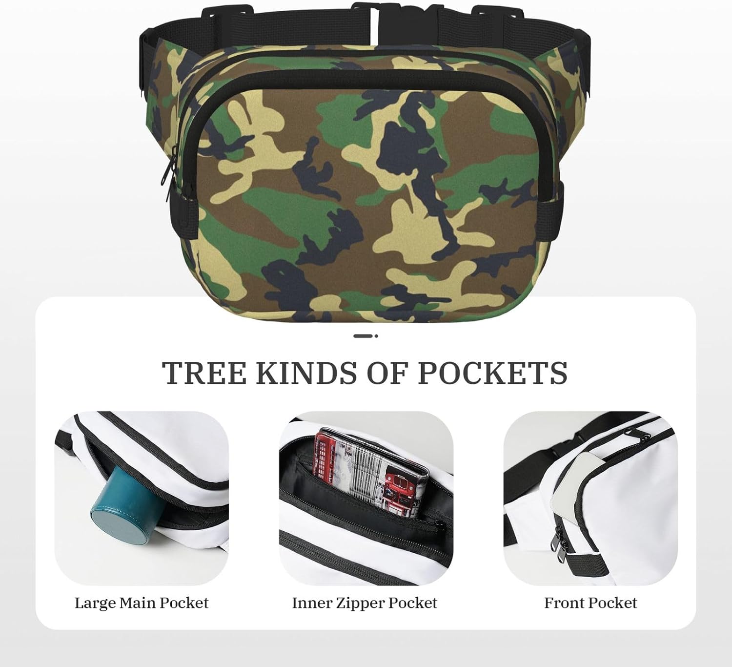 Green Military Camo print Large Fanny Packs for Women Cute Cross Body Waist Bag Fashionable Fanny Pack