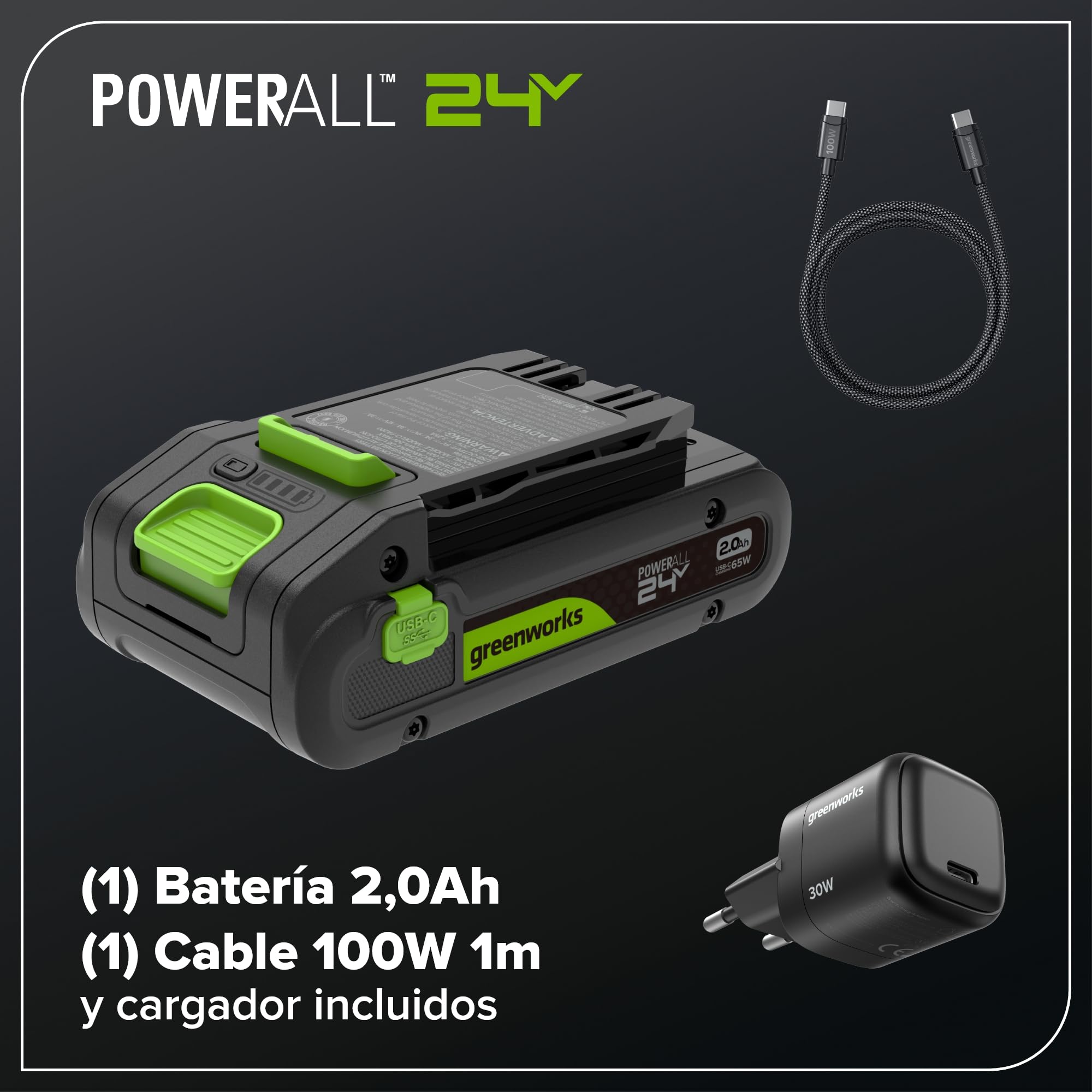 Greenworks Tijera Eléctrica 24V con Poste Telescópico 1,29–2,00 m, Motor Brushless, Cuchillas Acero, Apertura 22/32 mm, Pantalla LED, con Batería 2,0Ah & Cargador USB-C 30W LP24BLA1