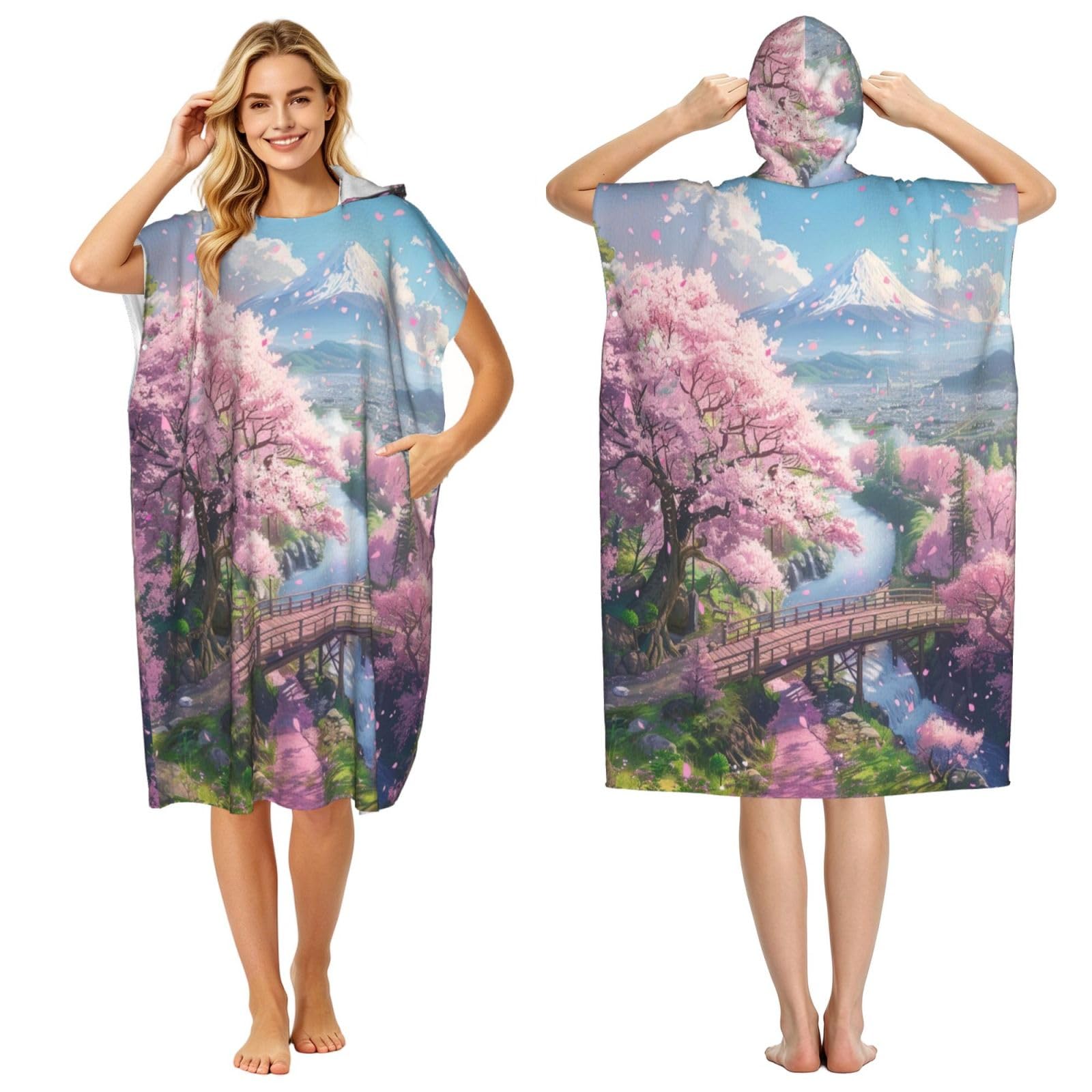 DTHKJNLSF Cherry Blossom Festival Adult Hooded Beach Poncho Towel