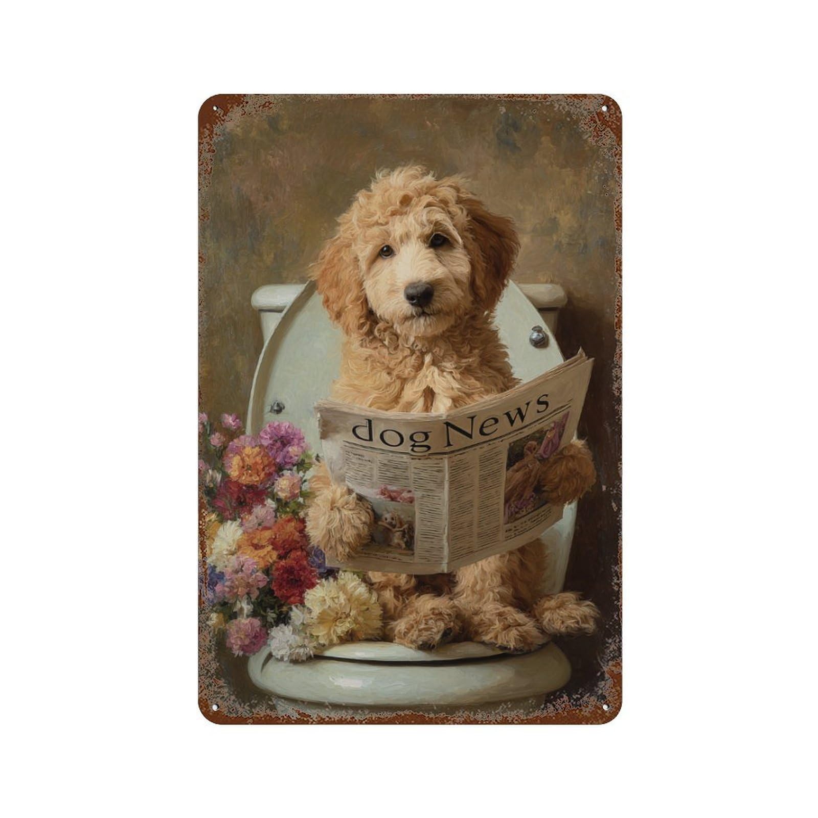 Dog Reading Newspaper on Toilet -4 Aged Metal Wall Plaque 11.8"x7.9", Industrial Home Decor for Garage, Pub Or Kitchen