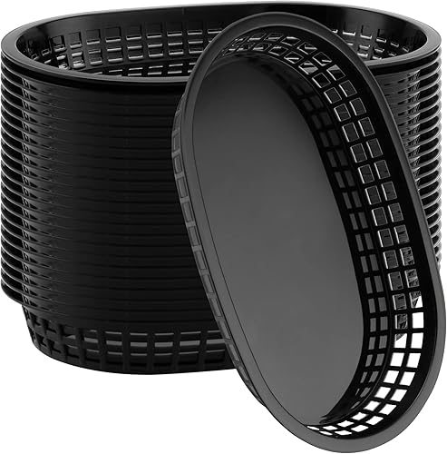 Paquete de 24 cestas negras para servir comida rápida, de 11 x 7 pulgadas, forma ovalada de plástico para servicio de delicatessen, pan, perritos