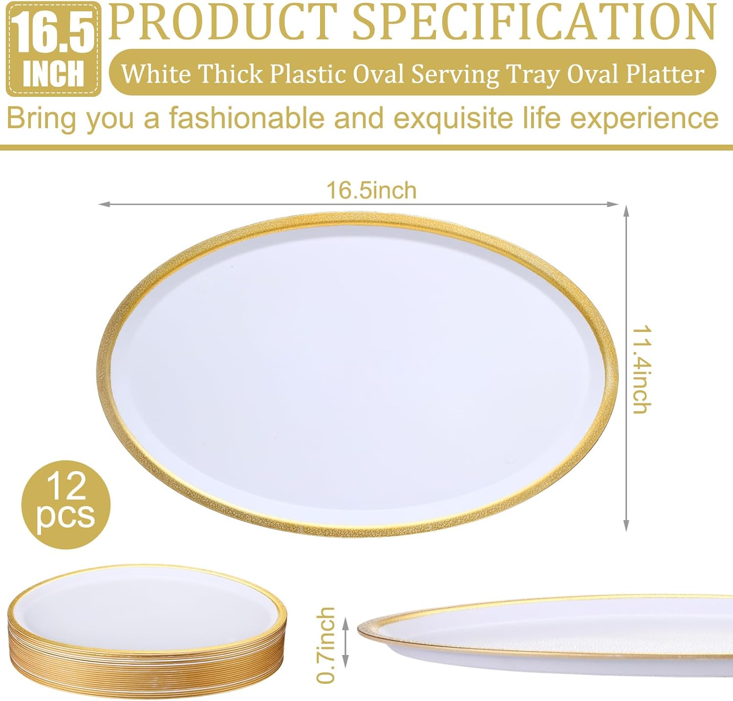 Rtteri 6 Pcs Oval White Serving Platter with Gold Rim Reusable Heavy Plastic Oval Dinner Plates White Serving Trays Wedding Platter for Turkey Meat Fish Party (16.5 x 11 x 0.67 Inches)